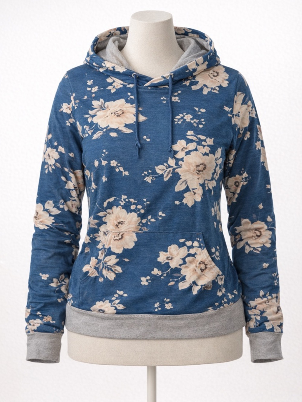 Floral Hoodie Sweatshirt in Blue and Cream - Women's Casual Pullover lightweight